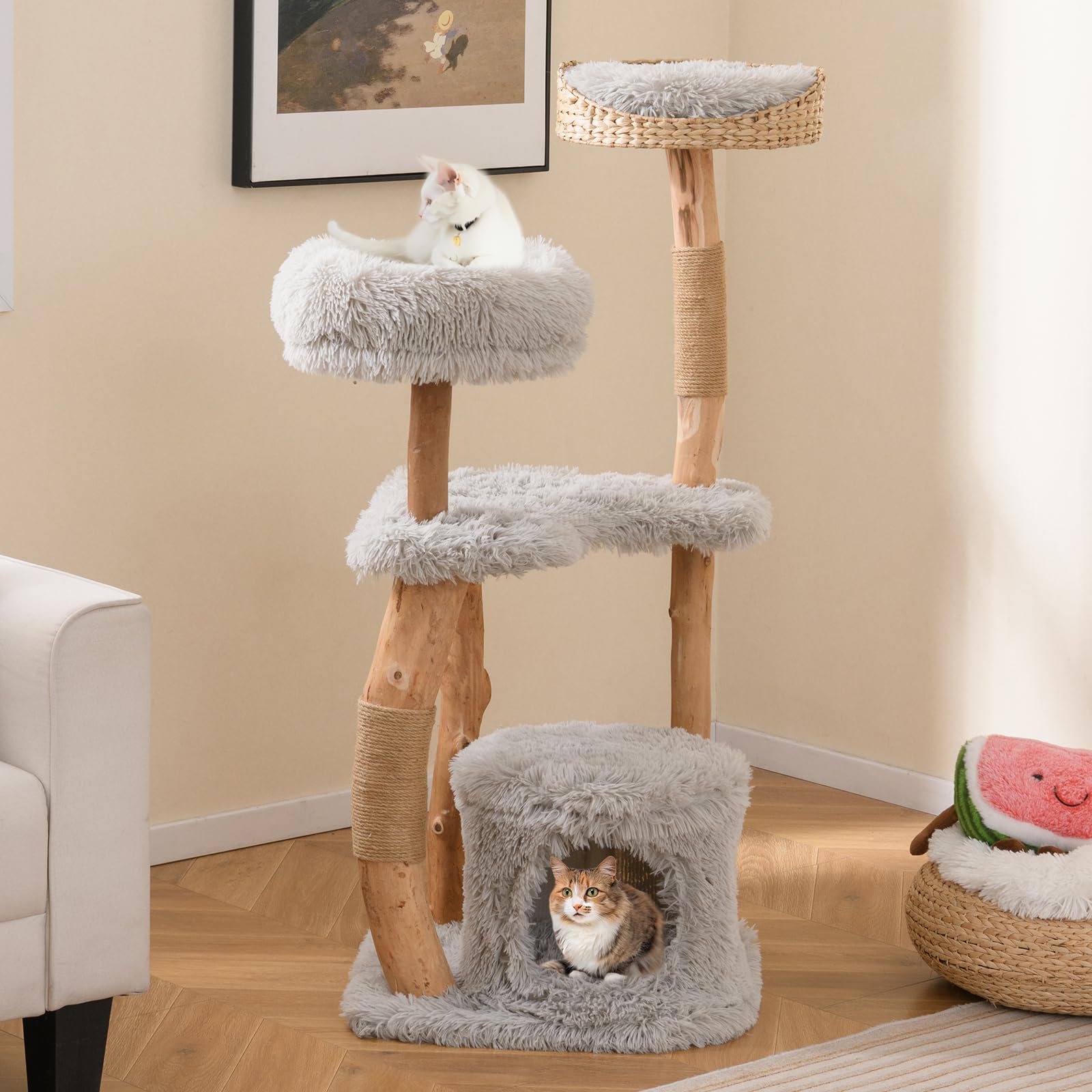 Petsite 49 Inch Cat Tree For Indoor Cats, Cute Solid Wood Modern Multi-Level Cat Tower With Scratching Posts, Top Cattail Basket